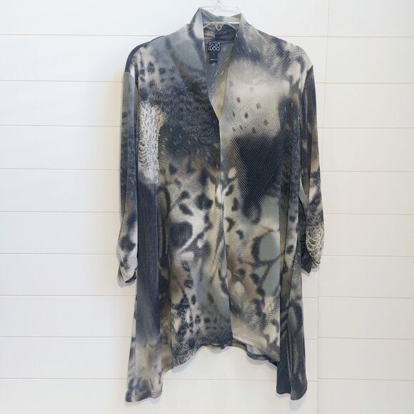 Clara Sun Woo Sharkbite Hem Animal Print Tunic Size Large Ruched Wrists Artsy - Picture 2 of 8